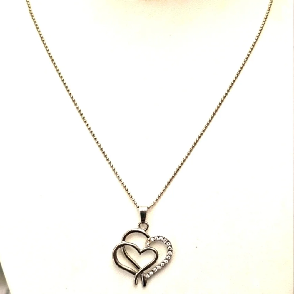 Vintage Silver Double Open Heart CZ Pendant Necklace